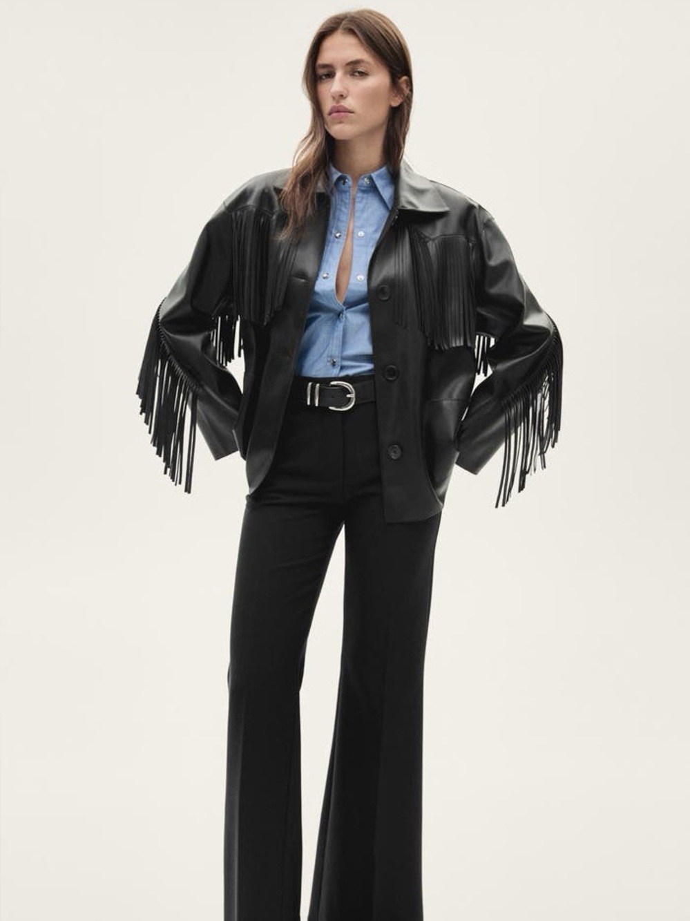 Mango Black Leather Fringe Jacket